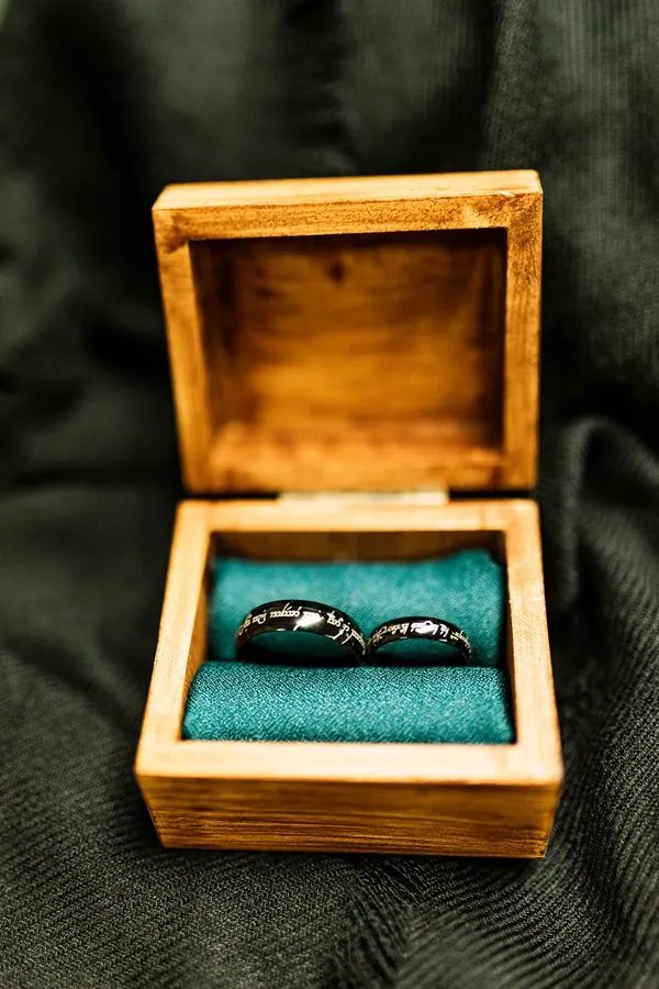 Two black rings engraved in Elvish script