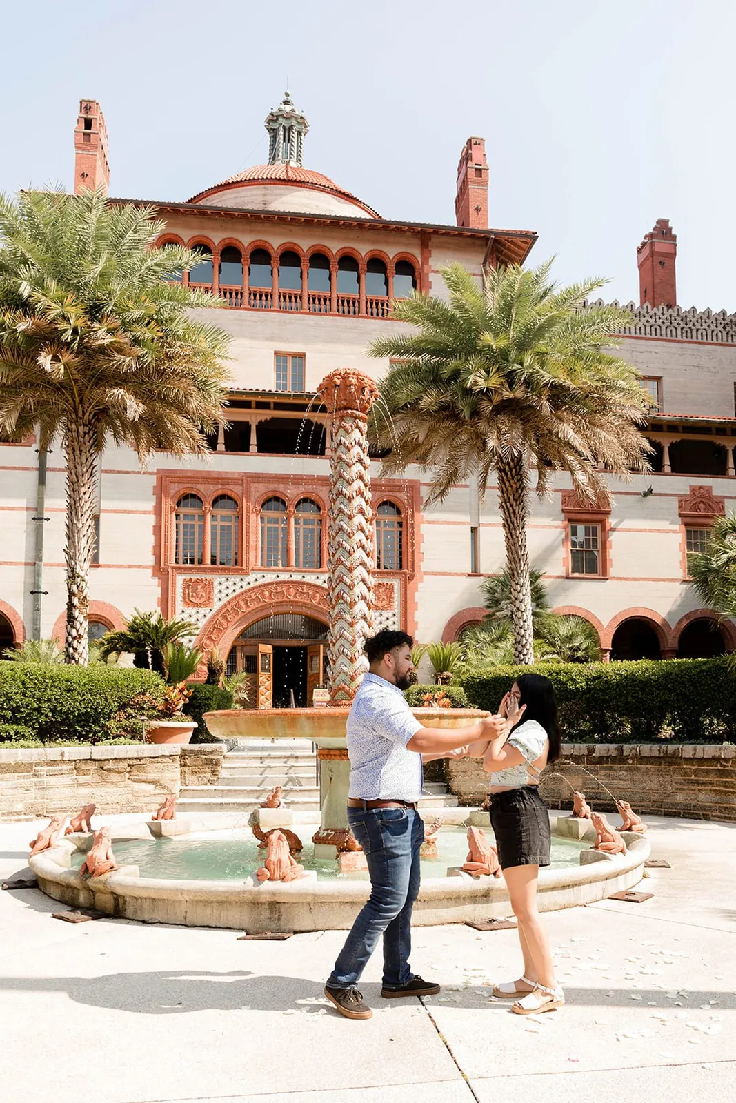 Just-engaged couple at the Flagler College fountain, St. Augustine