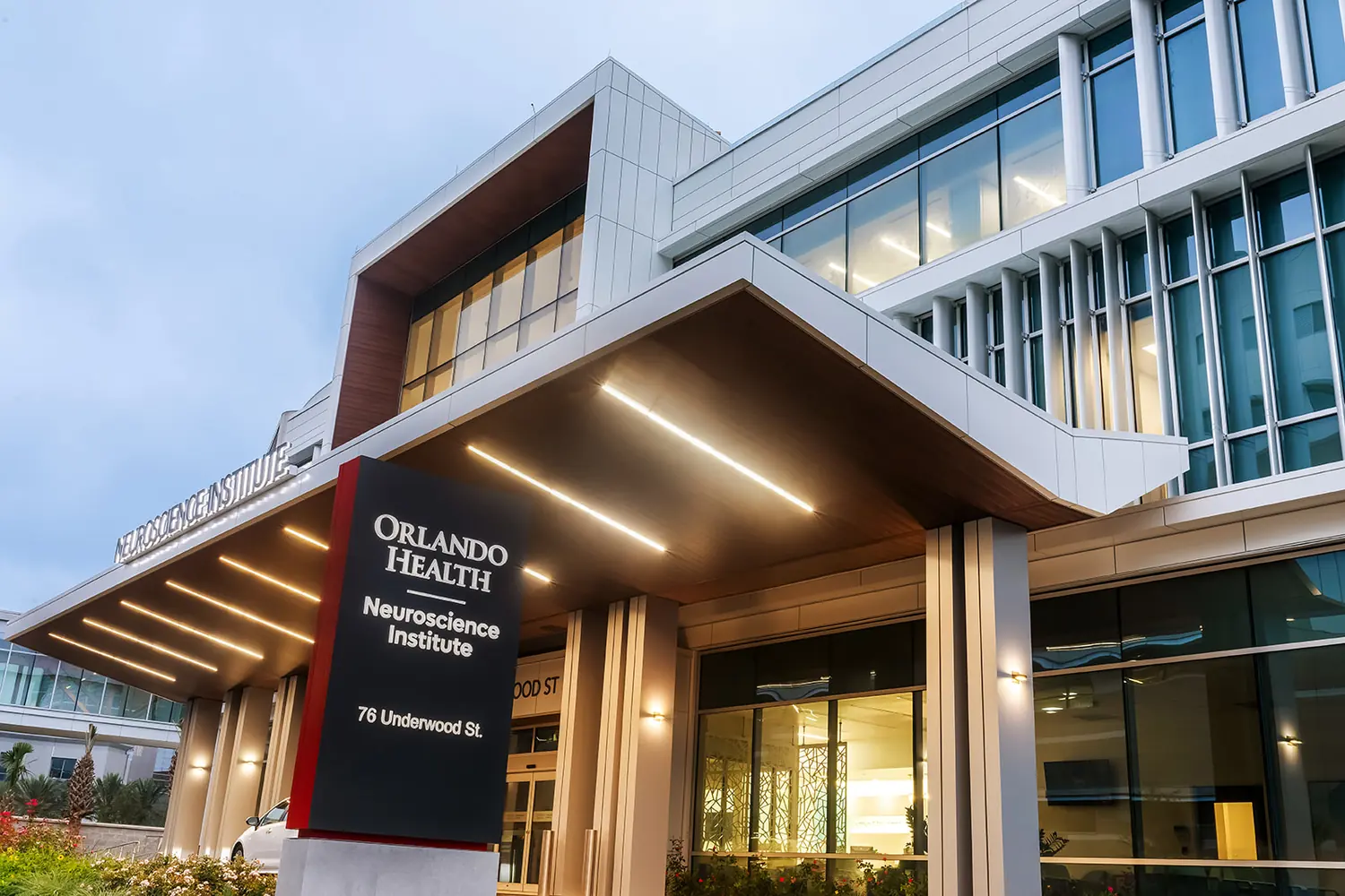 Architectural photography of a building facade at dusk, photographed for N-RG Cladding