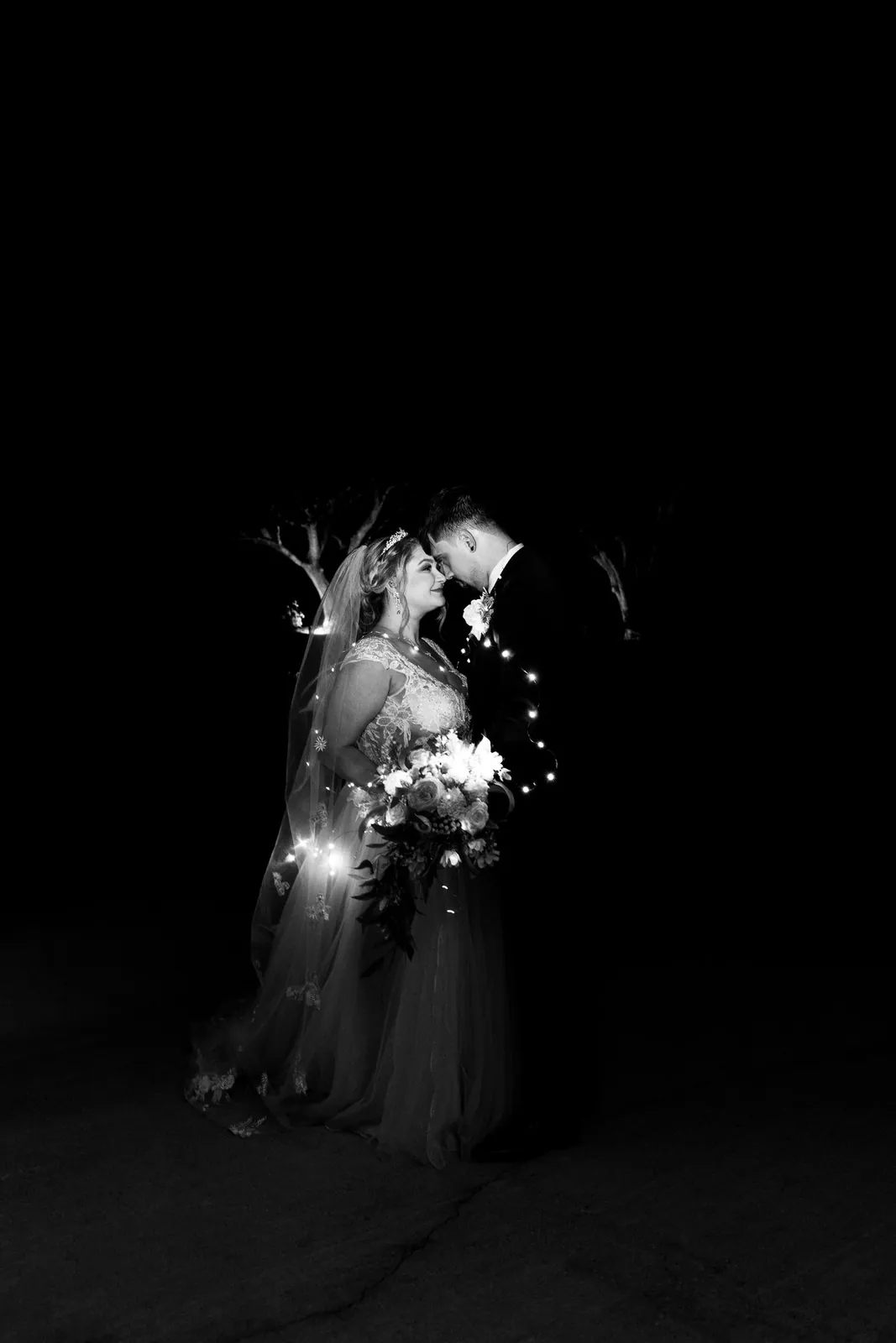 Bride and groom at night, veil wrapped in fairy lights