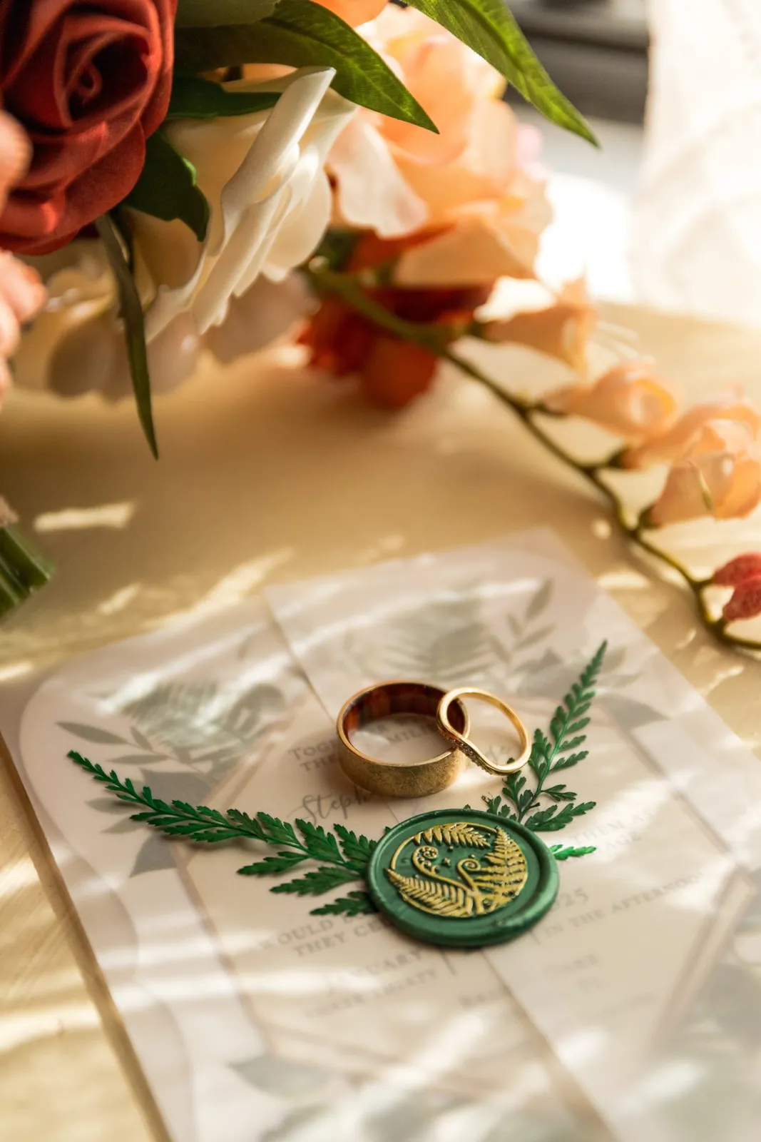 Gold rings on a wax-sealed invitation in warm light