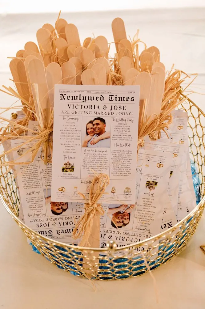 The Newlywed Times newspaper-style wedding program for Victoria and Jose in Rio Grande, Puerto Rico