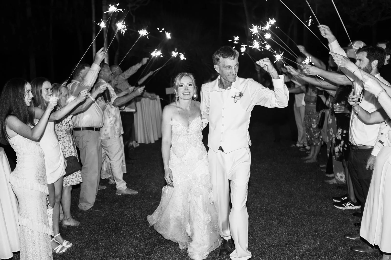 Black and white sparkler send-off at a backyard wedding in Northeast Florida