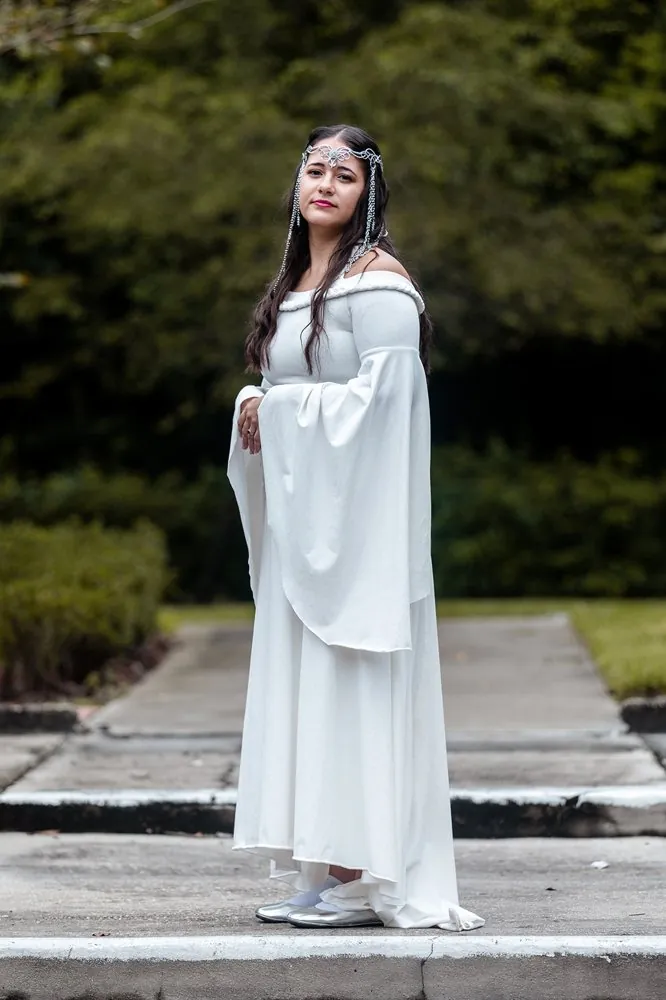 The bride in an elven gown and silver circlet